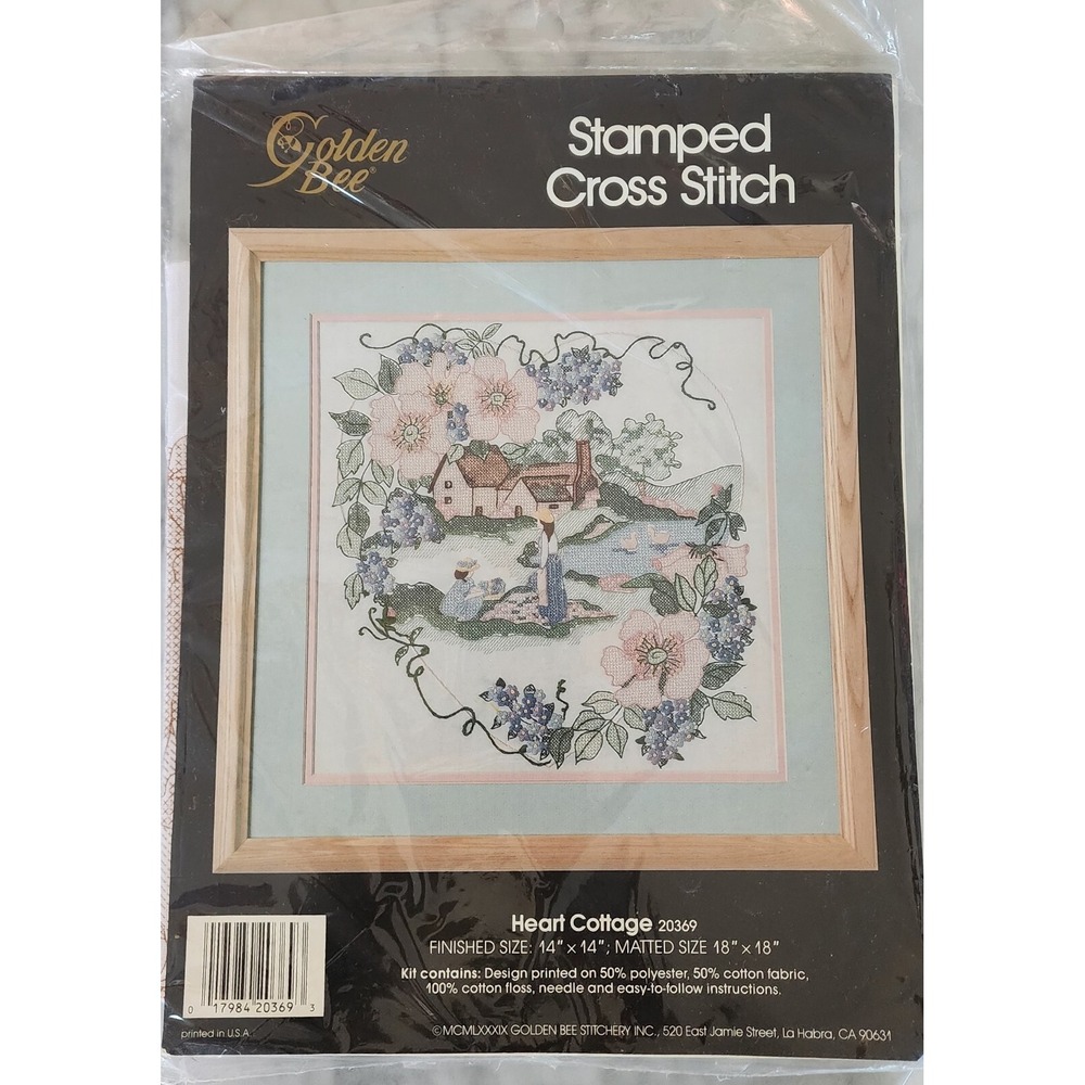 Golden Bee Stamped Cross Stitch Heart Cottage Kit
